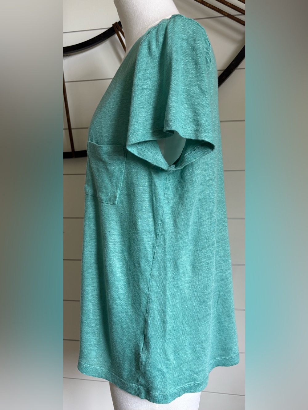 J. Crew Linen “Island Turquoise” V-Neck Pocket Tee - Relaxed Boyfriend-Style Fit - Picture 3 of 8